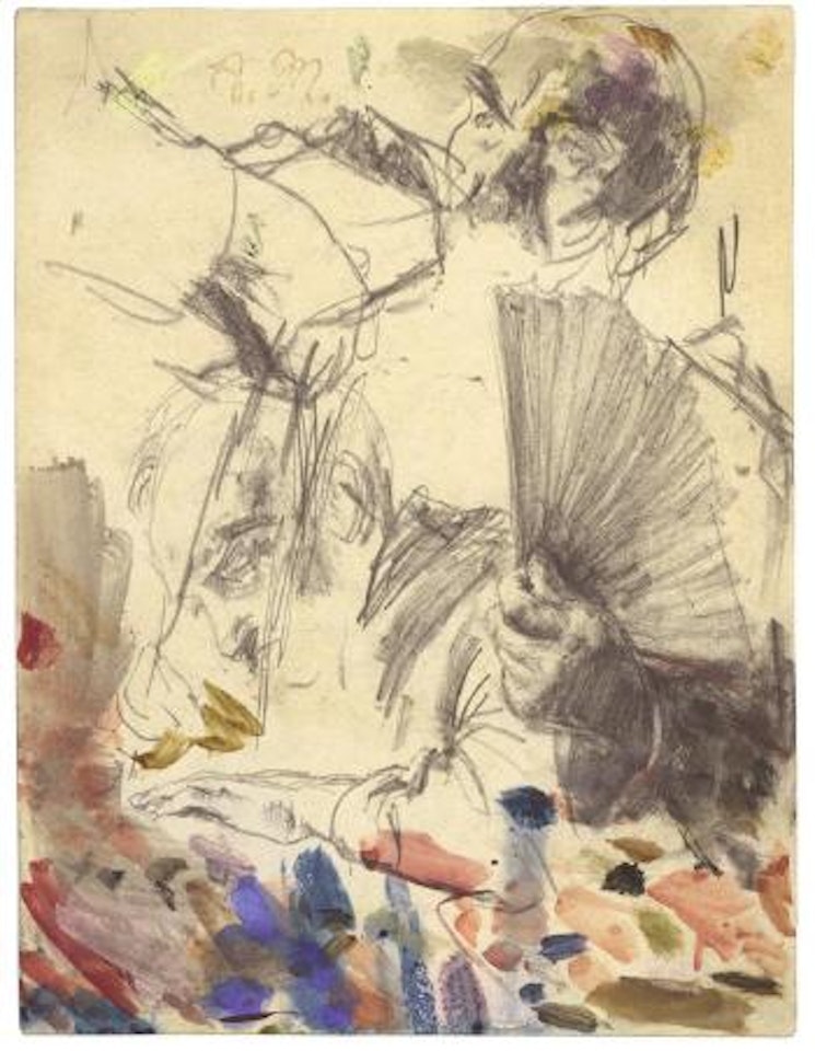 Studienblatt (zwei Männer, Oben Rechts Eventuell Bismarck Und Drei Hände, Eine Mit Fächer) by Adolph Menzel