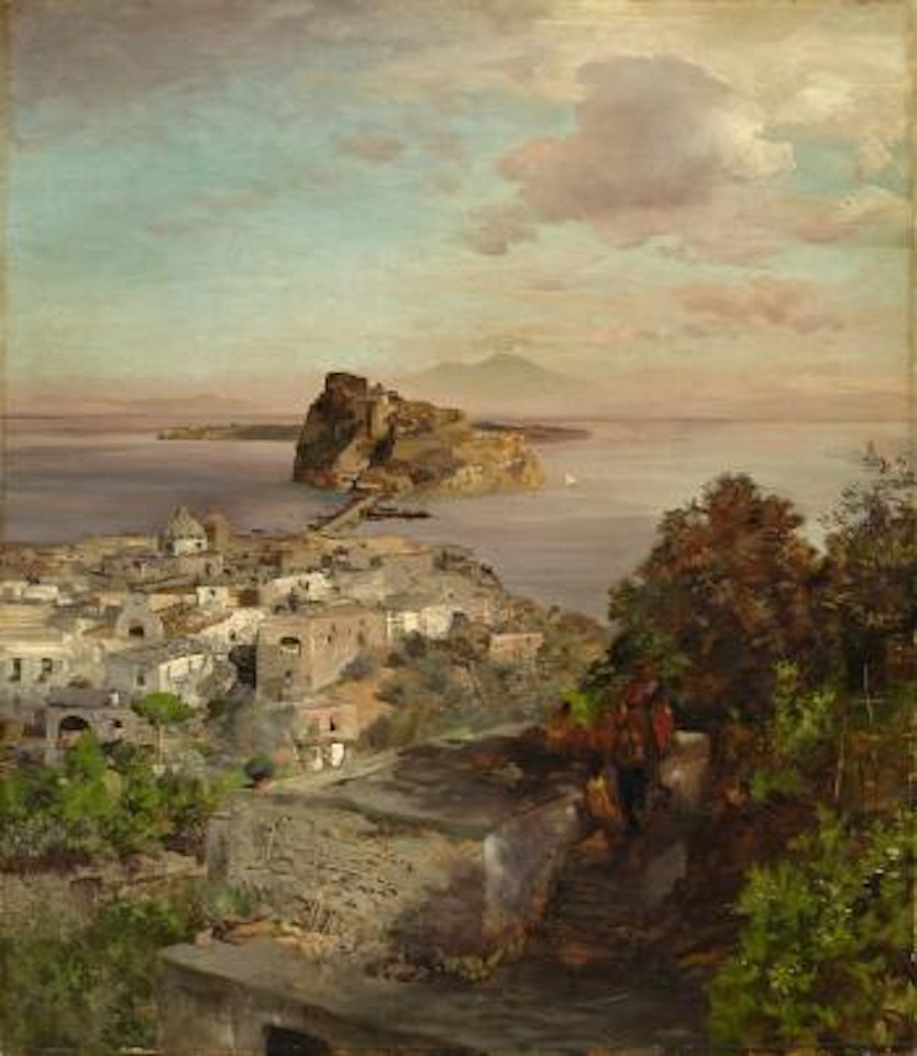 Blick Über Sant’Angelo (Ischia) Auf Das Castello Aragonese, Im Hintergrund Der Vesuv by Oswald Achenbach