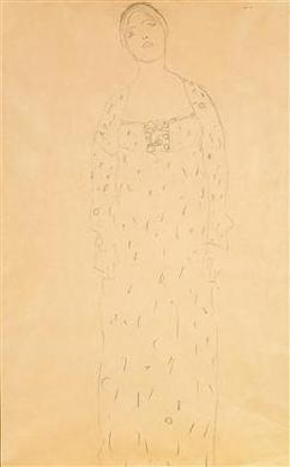 Standing lady seen from the front wearing a patterned dress by Gustav Klimt