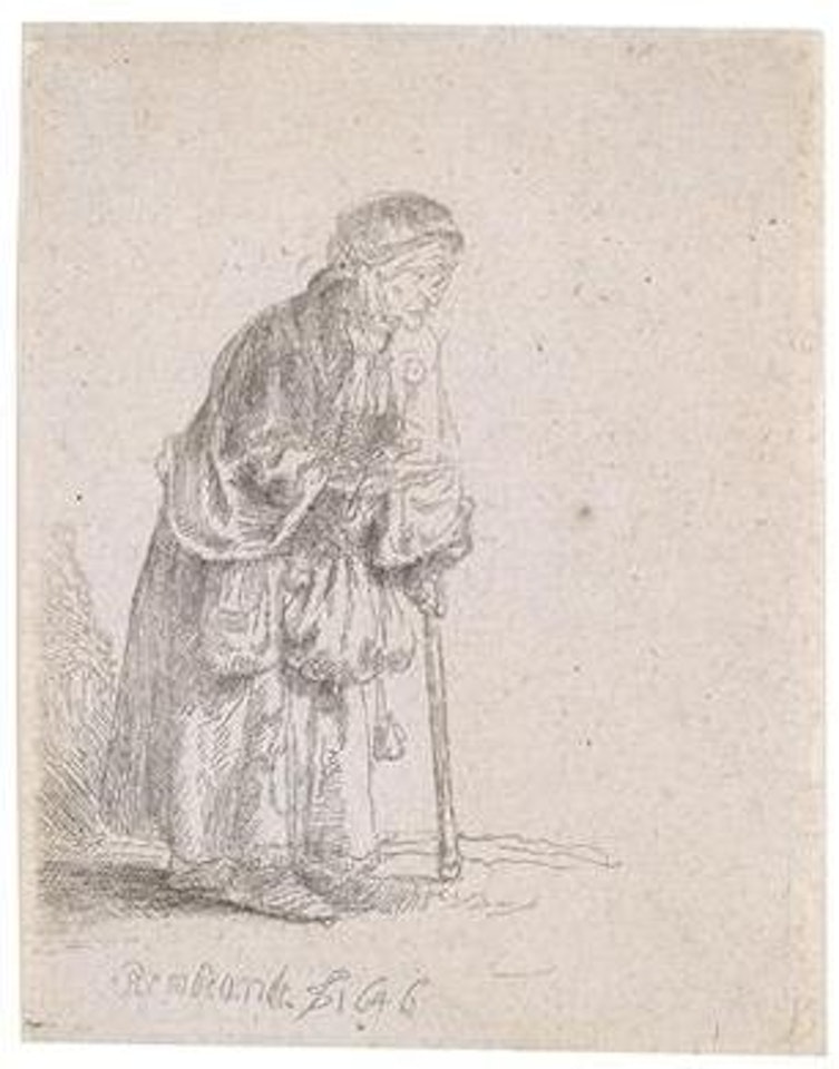 A beggar woman leaning on a walking stick by Attributed to Rembrandt Harmensz van Rijn
