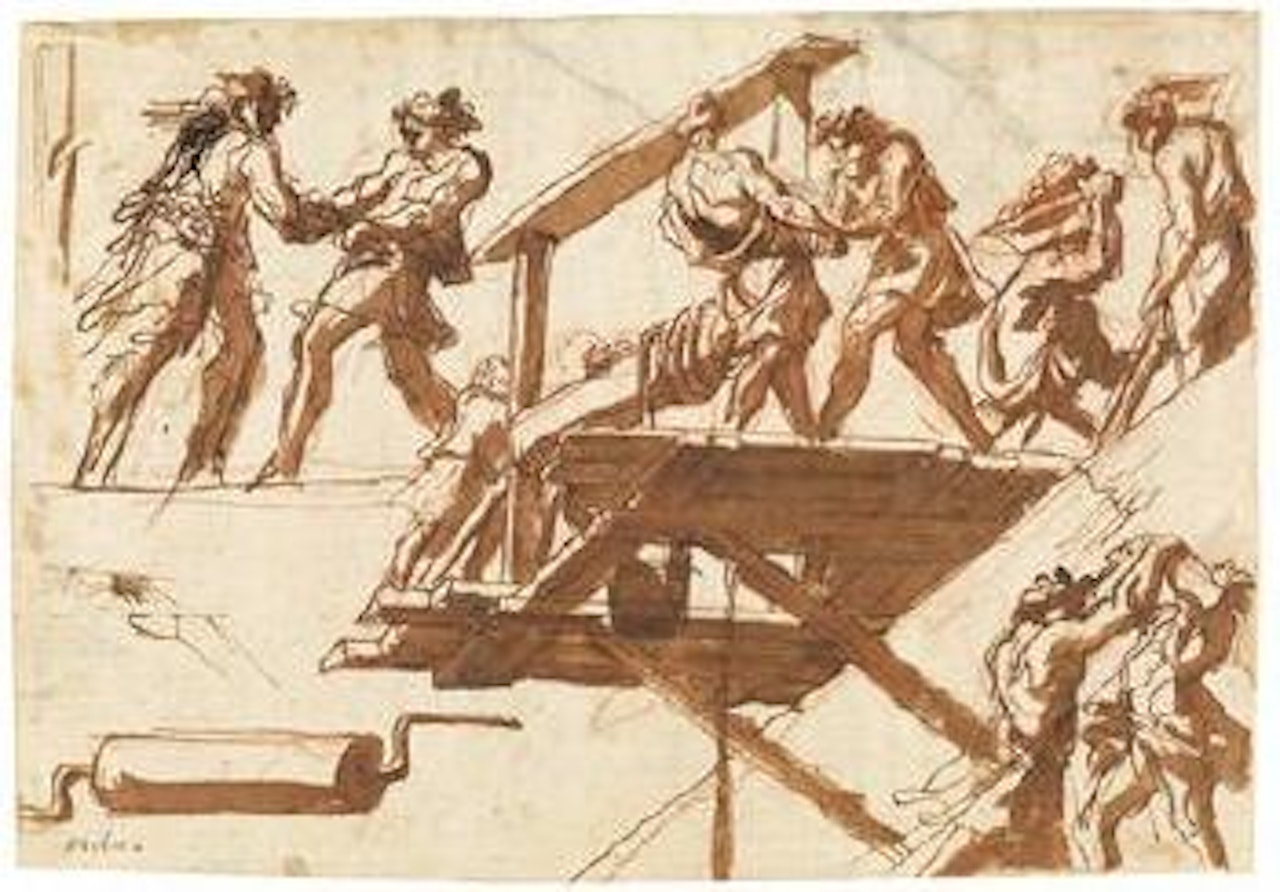 Study of craftsmen, working on a building by Pier Francesco Mola