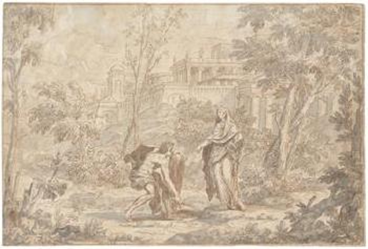 Classical landscape with two figures and a fortress in the background by Jean-François Millet