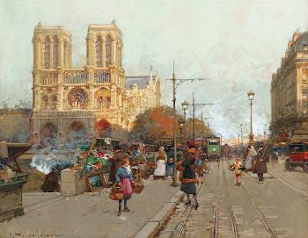 Notre Dame De Paris, Vue Du Quai De Montebello by Eugene Galien-Laloue