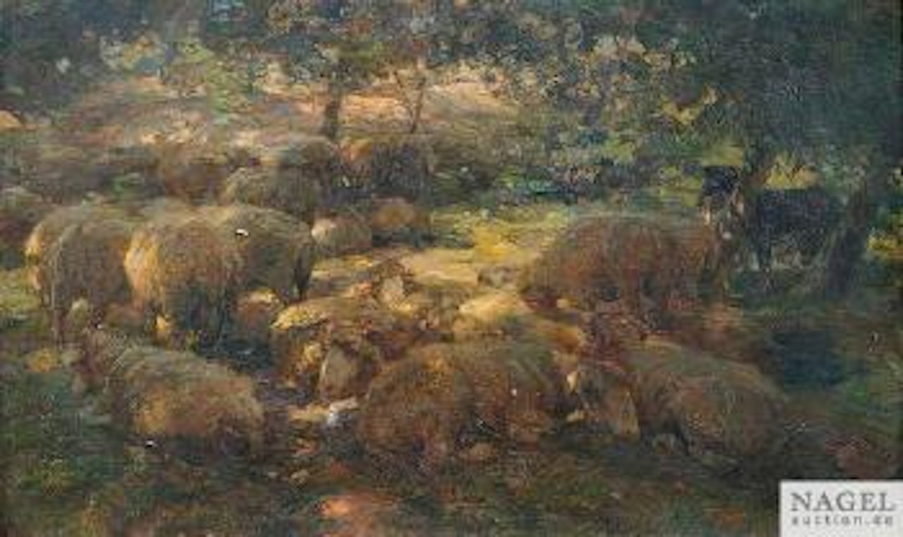 Schafherde unter Buchen an einem heißen Sommertag by Heinrich von Zugel