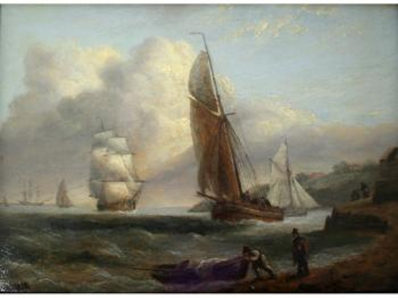 Vessels approaching a coast, figures on the shore by Thomas Luny