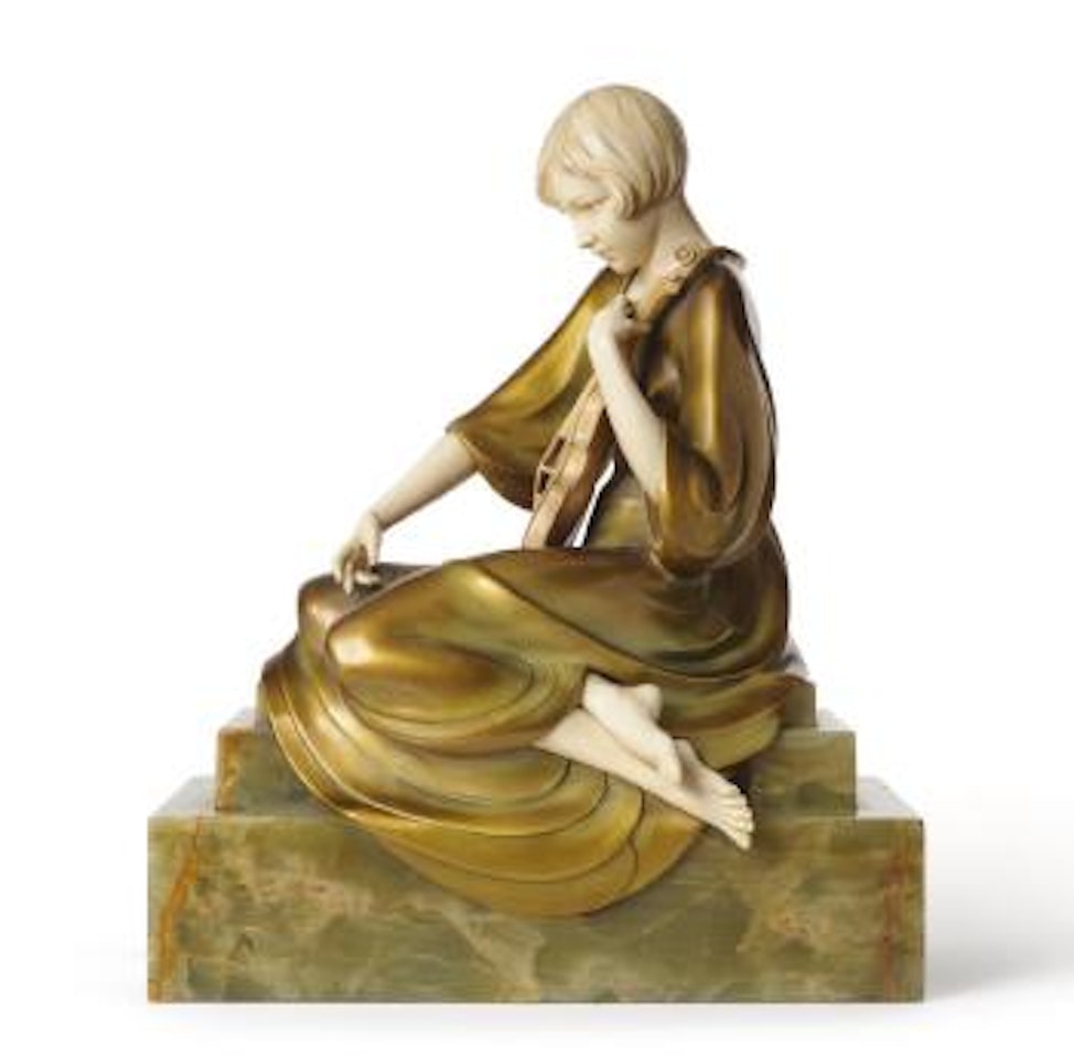 Seated violin player, the young woman wearing a gilt tinted dress by Ferdinand Preiss