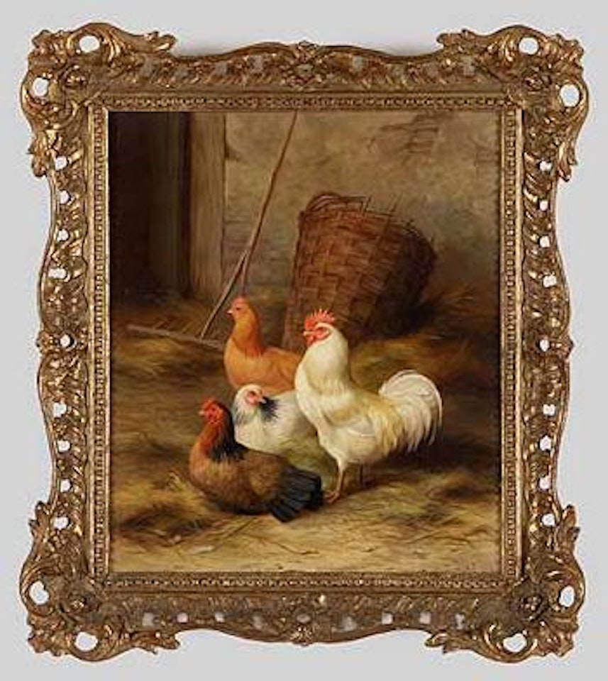 Hahn und drei Hühner im Stall by Edgar Hunt