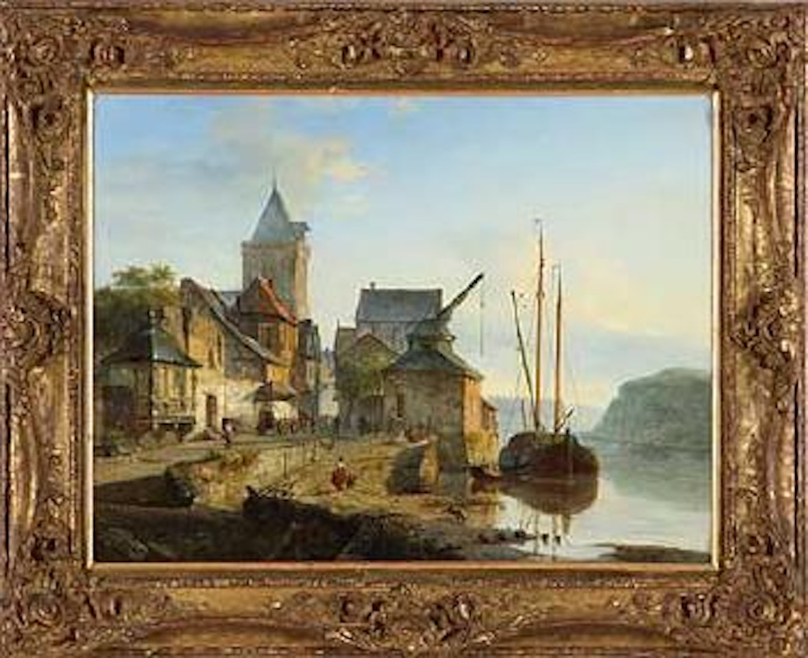 Lastkahn am Rheinhafen (moored barge) by Cornelis Springer