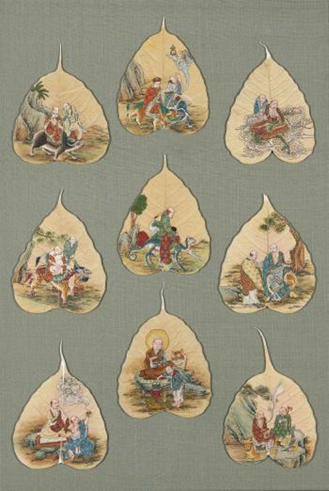 A Mounted Set of Nine Bodhi Leaf Paintings of Luohan by Chinese School