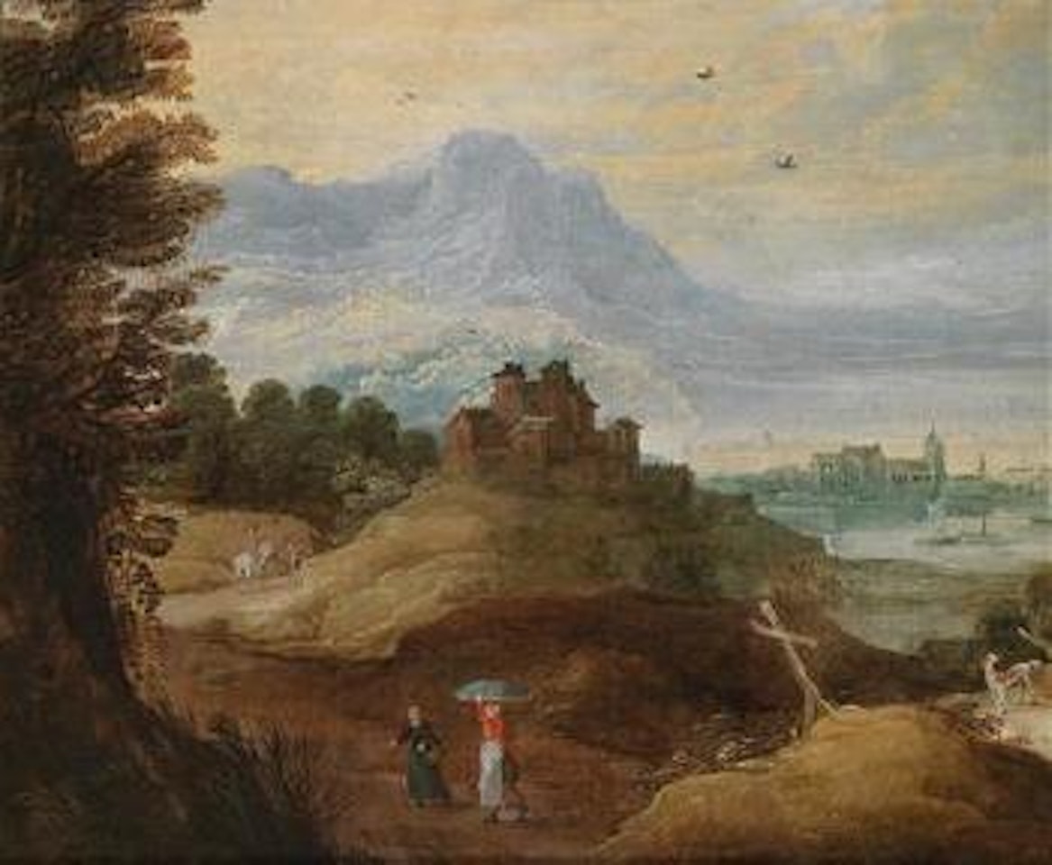 A mountainous landscape with travellers on a path by Joos de Momper the Younger