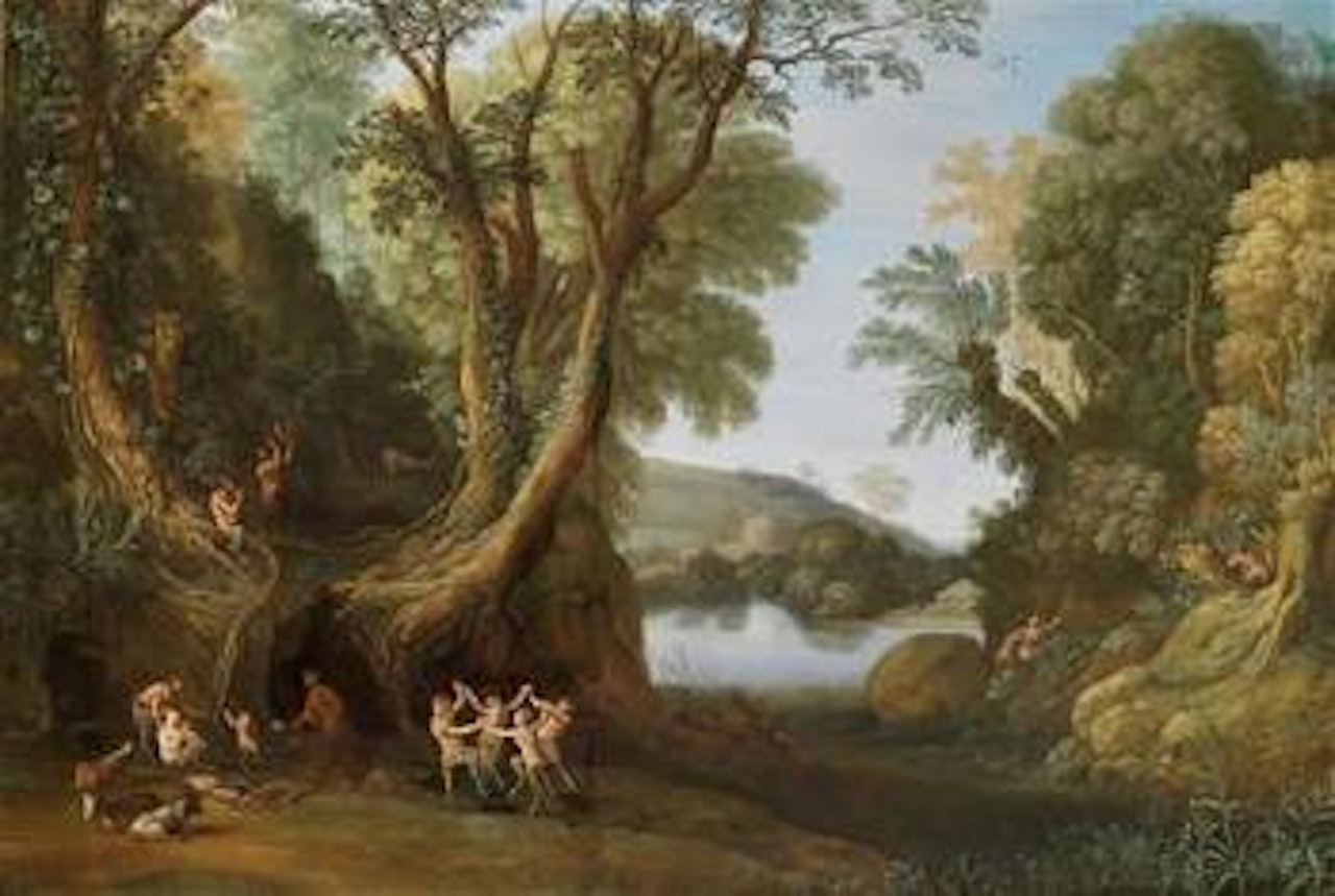 Fauns in a wooded landscape by Paul Bril