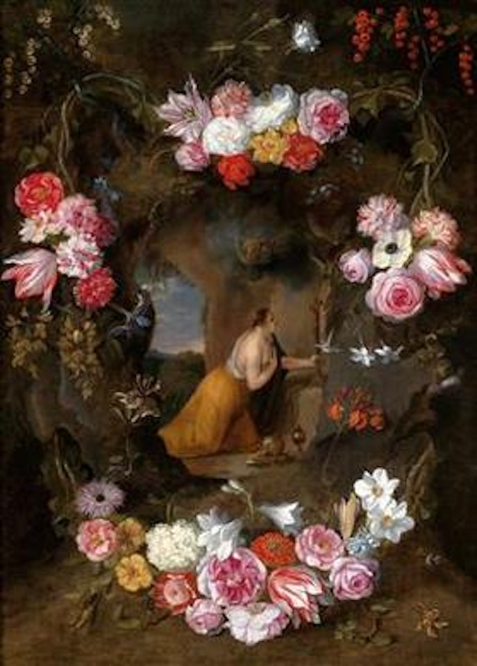 A cartouche decorated with flowers and enclosing Saint Margaret of Cortona in prayer by Jan Brueghel the Younger