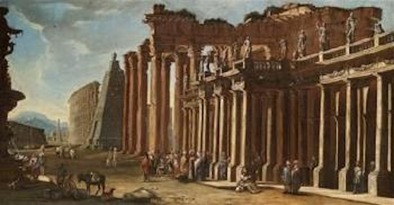 An architectural capriccio with a colonnade and the Colosseum beyond by Viviano Codazzi