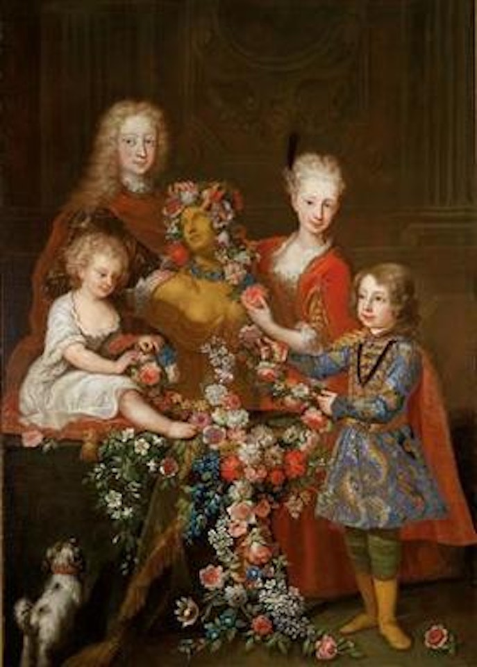 A Portrait of four children from a noble family decorating a bust of Flora with a wreath of flowers, one wearing Hungarian dress and the cross of the Order of Malta by German School