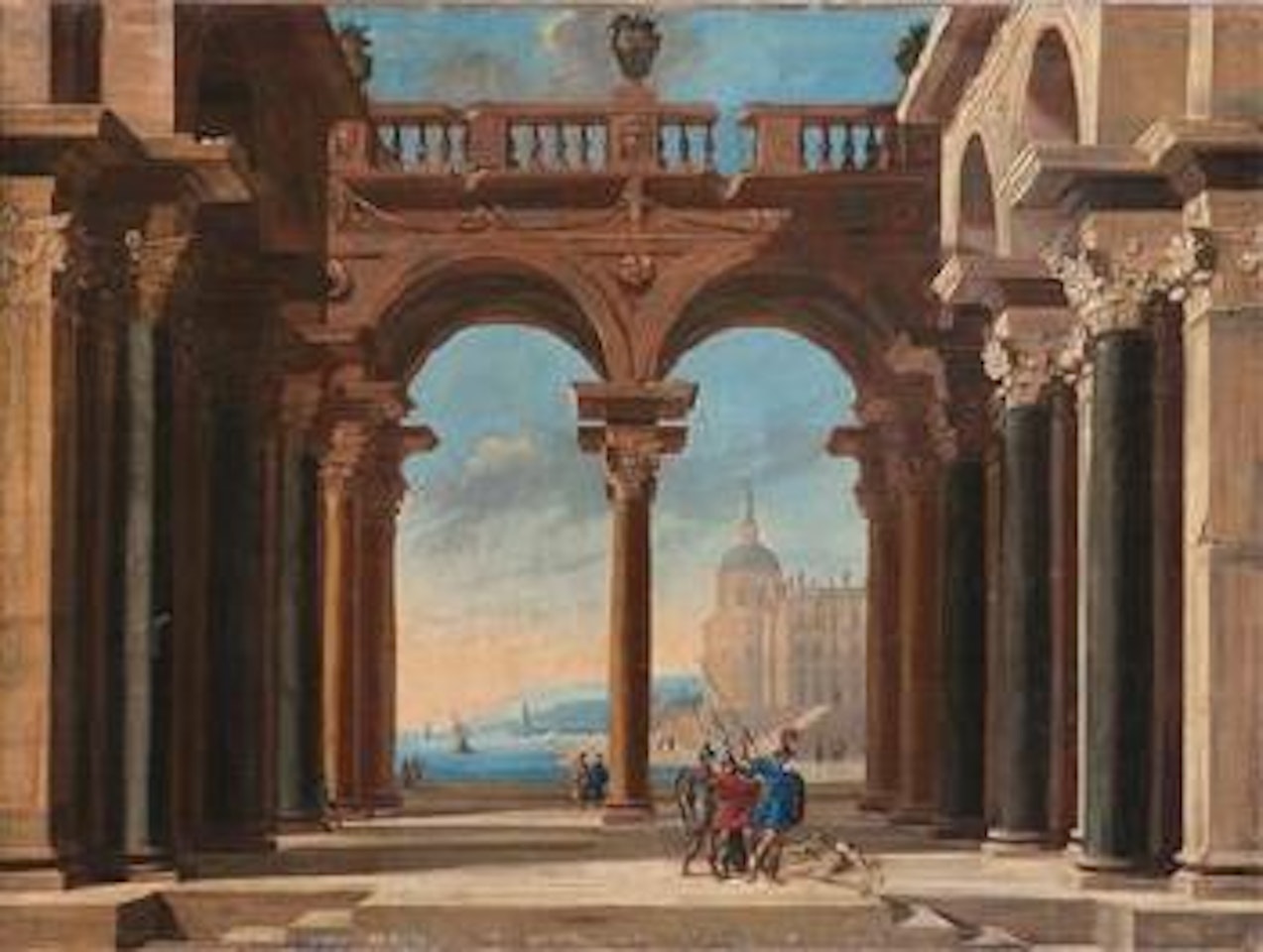 Figures under a colonnade by Neapolitan School