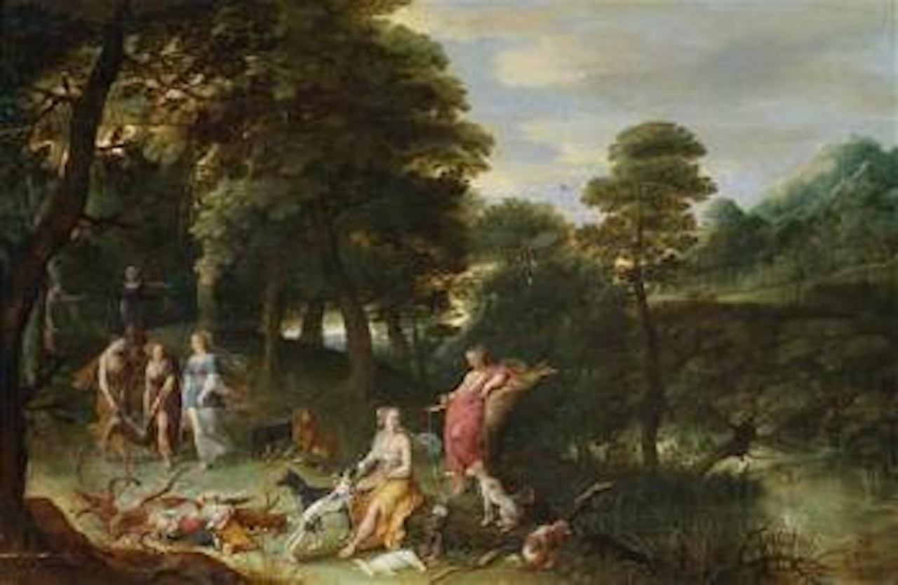 Wooded landscape with Diana and her nymphs after the hunt by Adriaen van Stalbemt