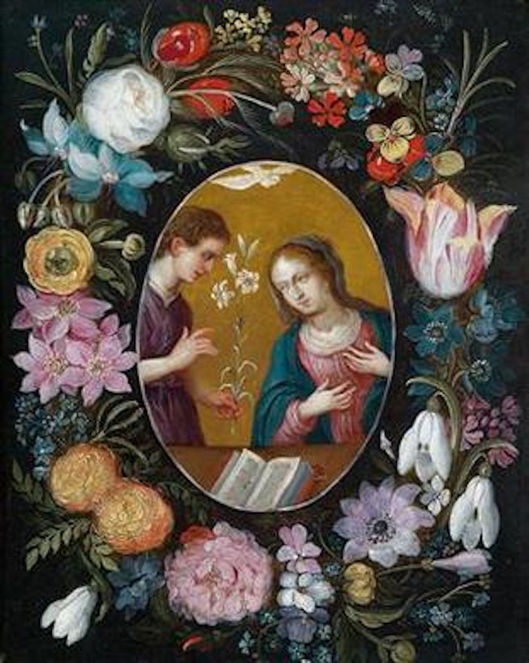 The Annunciation to the Virgin encompassed by a garland of flowers by Jan Brueghel the Younger