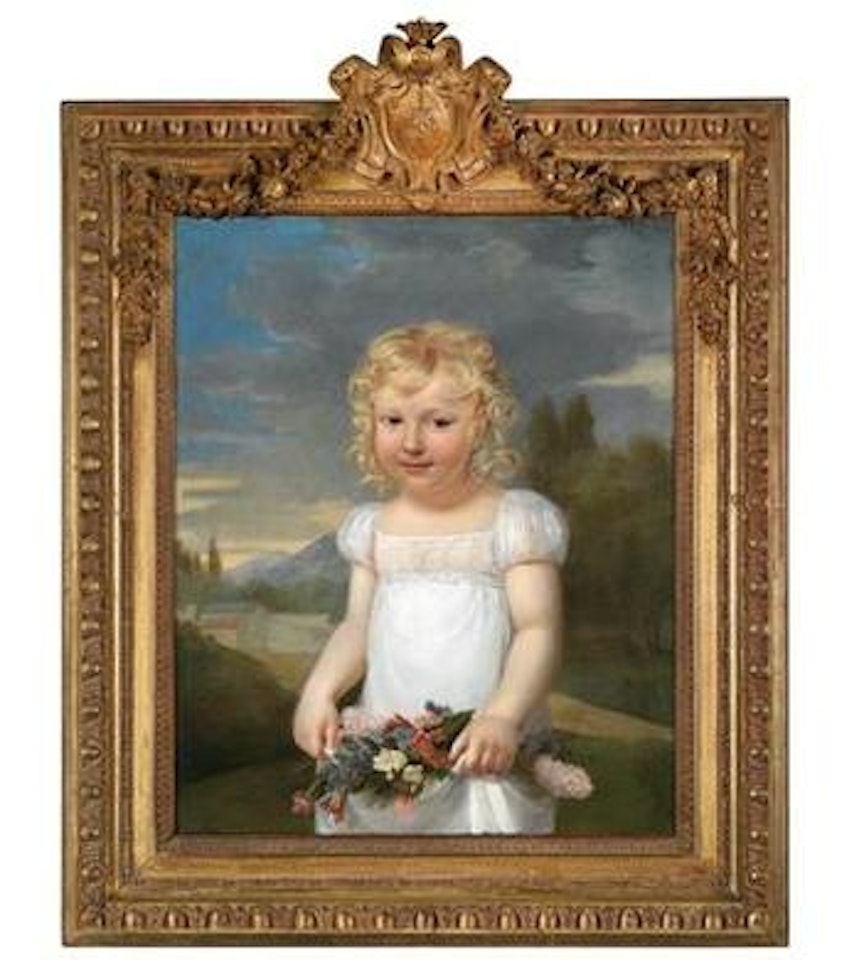 Portrait of a blonde girl with a bouquet of flowers by French School