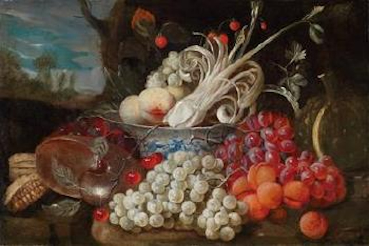A still life of fruit and vegetables with a Chinese porcelain bowl and brass vessels by Jan Pauwel Gillemans