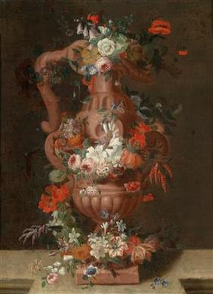 A floral still life with a stone vase by Pieter Hardime
