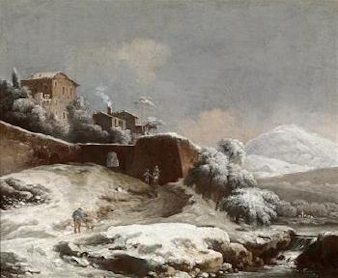 A winter landscape with travellers before the city walls by Venetian School