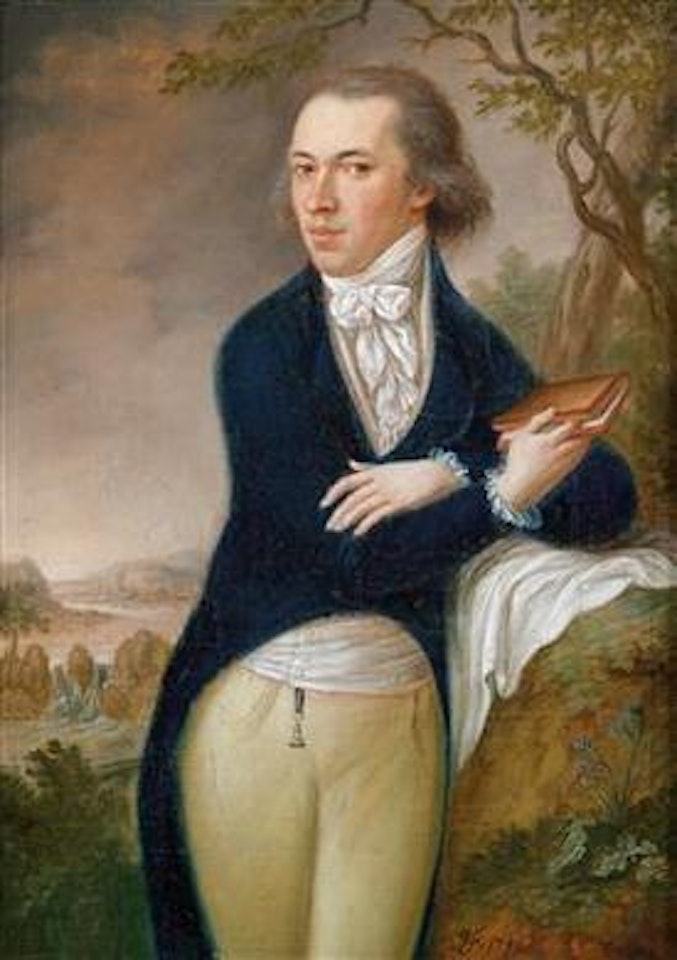 Portrait of a young gentleman with a book before a landscape background by German School