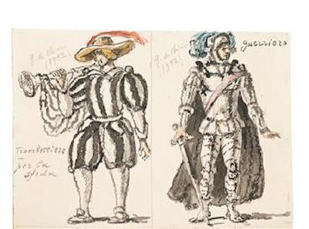 Bozzetti per due costumi - ‘Trombettiere (per la sfida)’ e ‘Guerriero’ [Sketches for two costumes - ‘Trumpeter (for the challenge)’ and ‘Warrior’] by Giorgio de Chirico