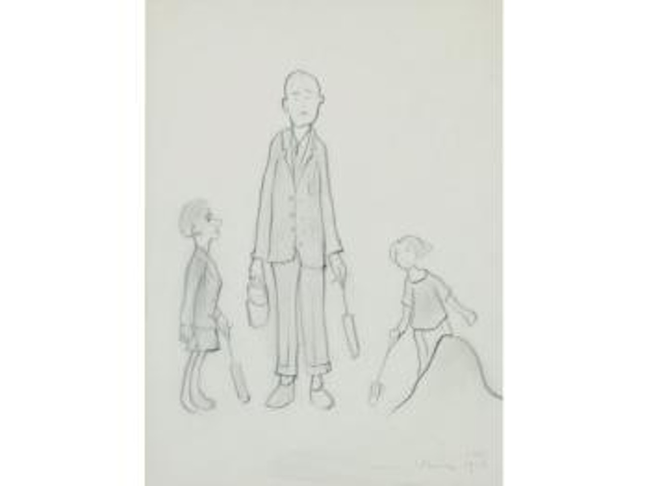 Beach scene with an old man with two young children, holding bucket and spades by Laurence Stephen Lowry