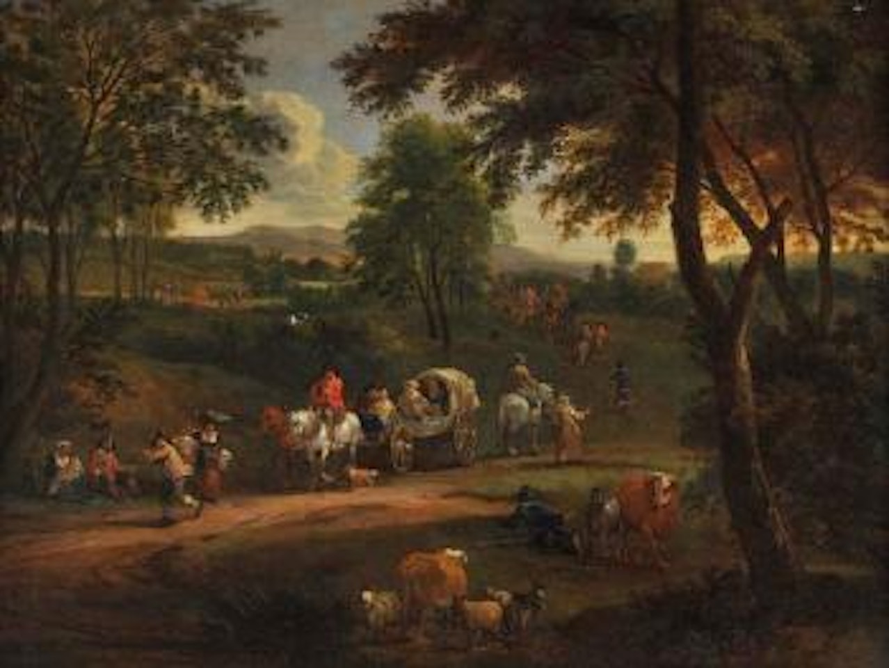 Wooded landscape with animals and travellers on a path by Adriaen Frans Boudewyns by Pieter Bout