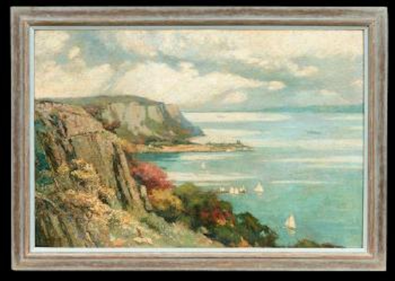 Rocky coastline with sailboats by Gordon Grant