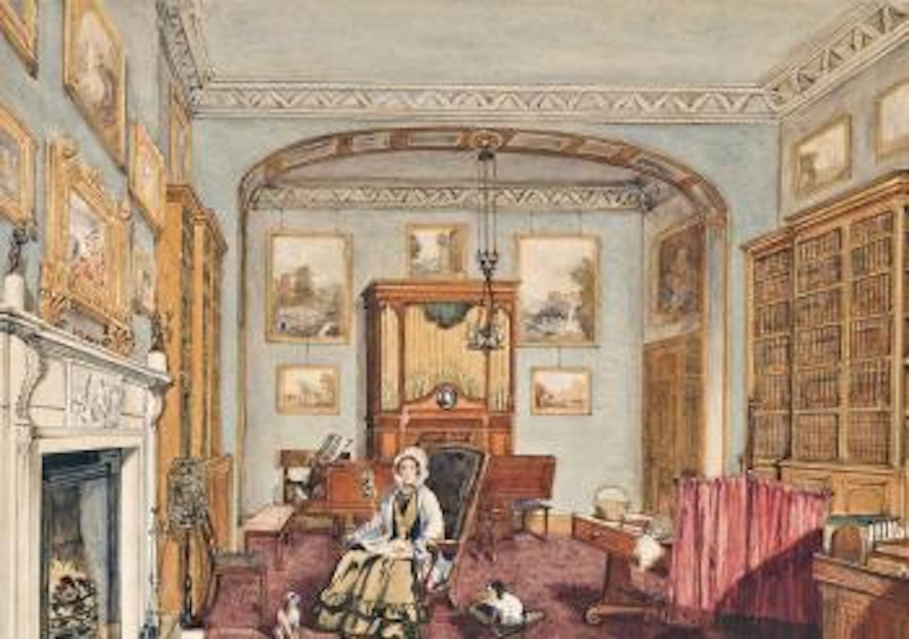 View of a Jacobean-style Grand Drawing Room by English School