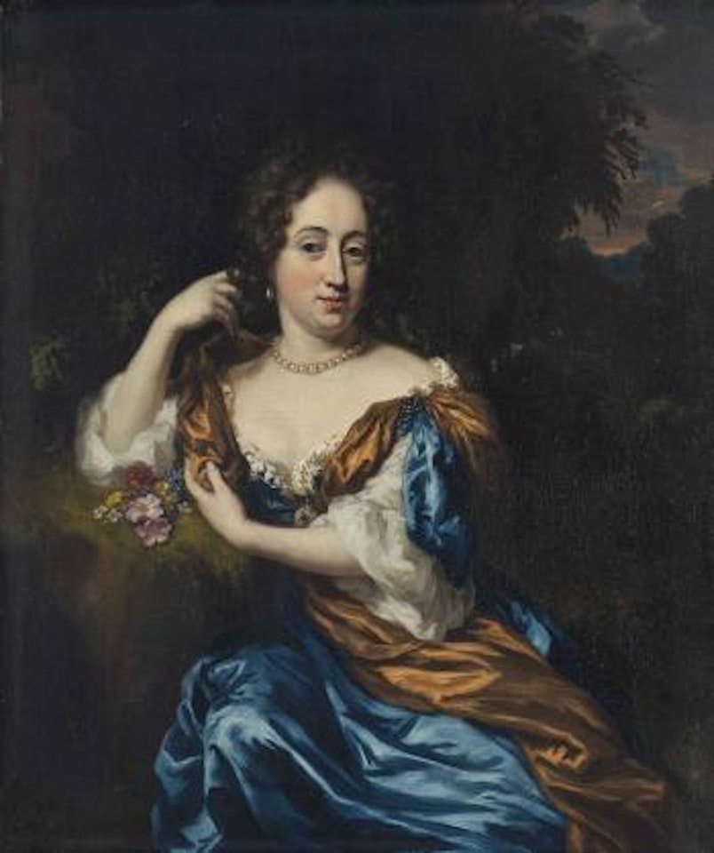 Portrait of a lady, three-quarter-length, in a blue and gold dress, in a landscape by Nicolaes Maes