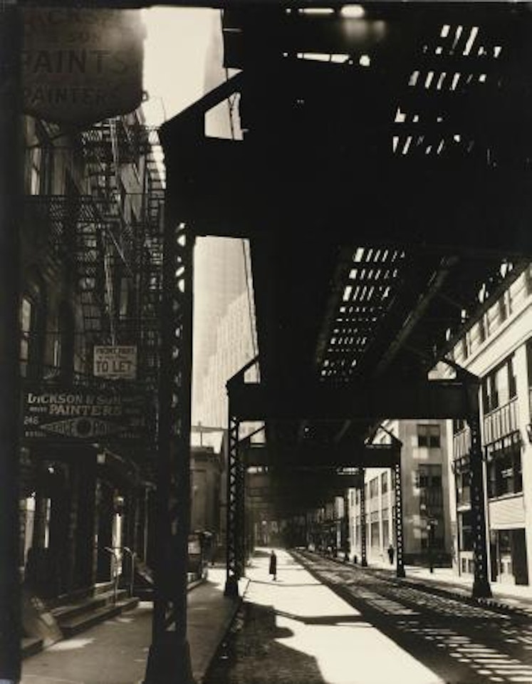 El 2nd and 3rd Ave Lines: Looking W. from 250 Pearl St., Manhattan by Berenice Abbott
