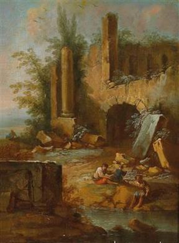 Landscape with two male figures in front of Roman ruins by Christian Wilhelm Ernst Dietrich