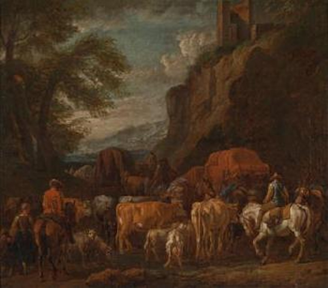 Southern landscape with cattle and horsemen by Pieter van Bloemen