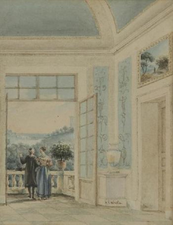 Une jeune femme et un ecclésiastique sur la terrasse d'une villa italienne by Victor Jean Nicolle