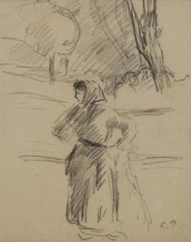 Femme au fichu, mains à la hanche, dans un paysage by Camille Pissarro