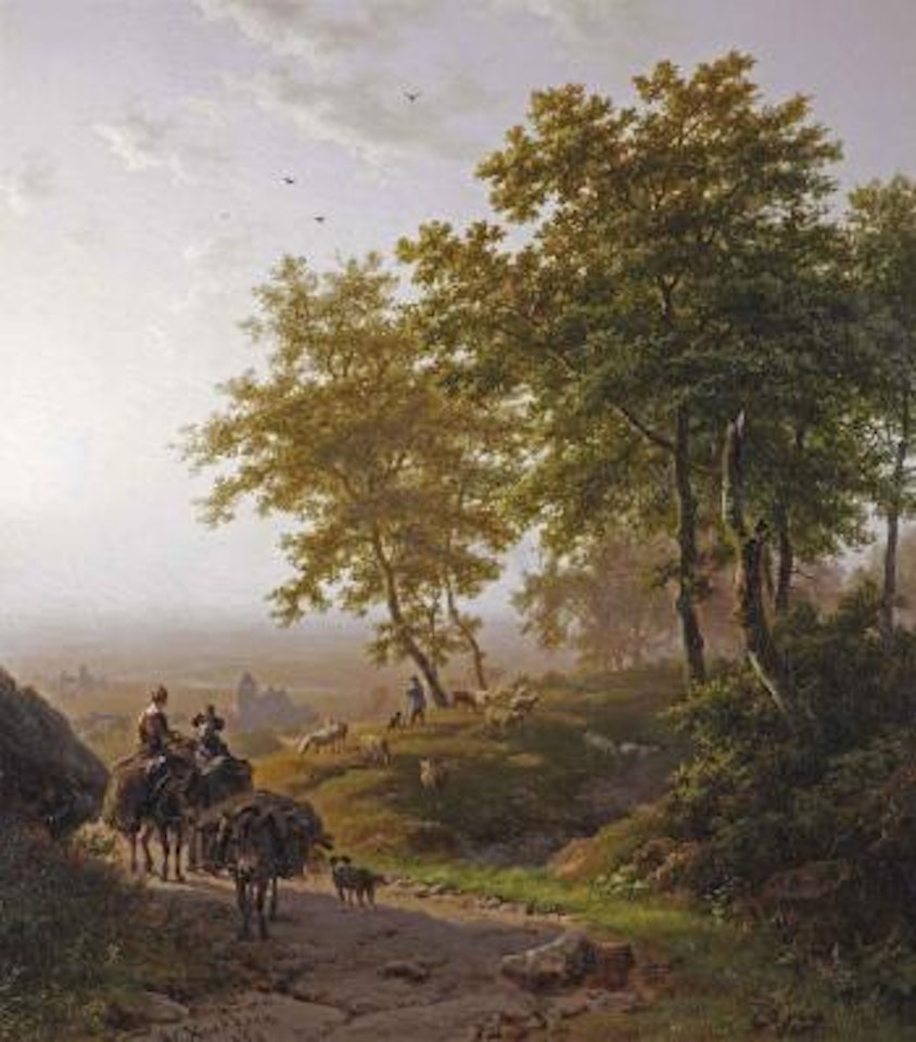 Boomrijk landschap bij morgenstond: a summer landscape with travellers and a shepherd with his flock by Barend Cornelis Koekkoek