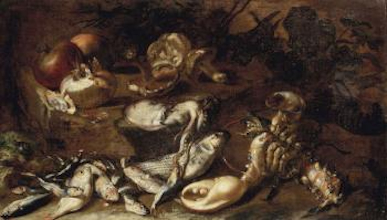 Fish, lobsters, squid, a snail, onion, pomegranates and mushrooms on a rocky shore by Giuseppe Recco