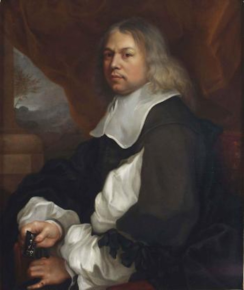 Portrait of a gem dealer, half-length, in a black costume, white chemise and collar, seated on a balcony before a curtain, holding a box of precious rings in his right hand by Dutch School