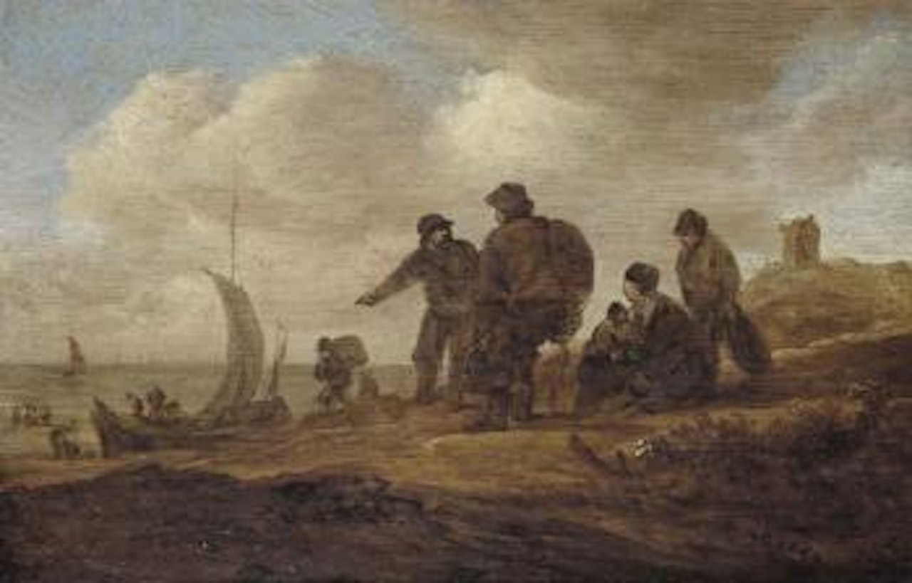 Fishermen on a beach, figures loading a boat beyond by Jan van Goyen
