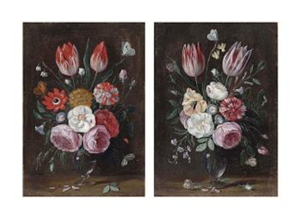 Tulips, roses and various other flowers with butterflies in a glass vase on a wooden ledge; Tulips, roses and various other flowers with butterflies and a caterpillar in a glass vase on a wooden ledge by Jan Van Kessel The Elder