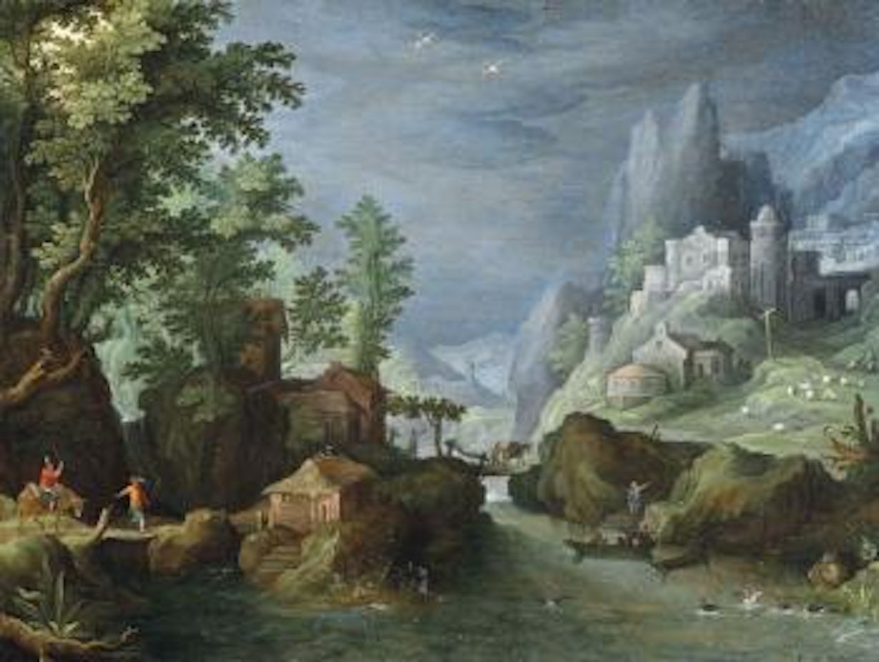 A mountainous river landscape with travelers crossing a bridge, a town on the mountainside to the right by Paul Bril
