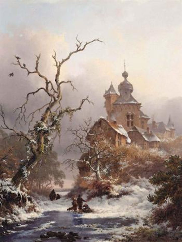 An idyllic winter scene with woodgatherers near a castle by Fredrik Marinus Kruseman