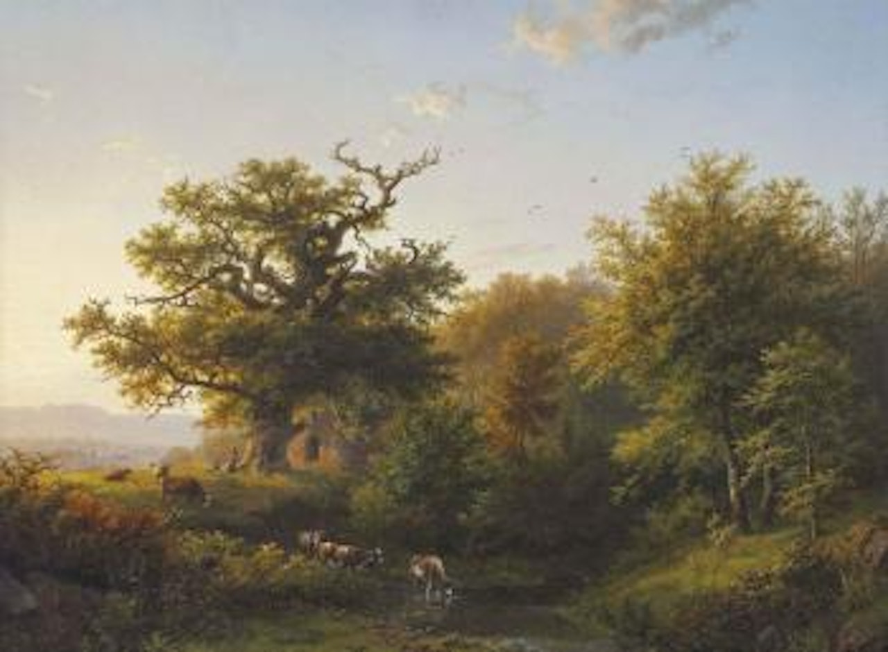 A wooded landscape with grazing cattle near a stream by Barend Cornelis Koekkoek