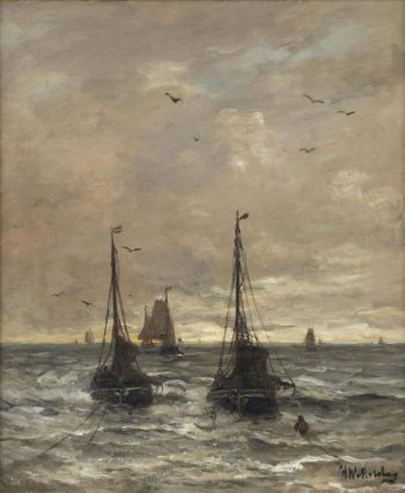 Bomschuiten in the breakers by Hendrik-Willem Mesdag
