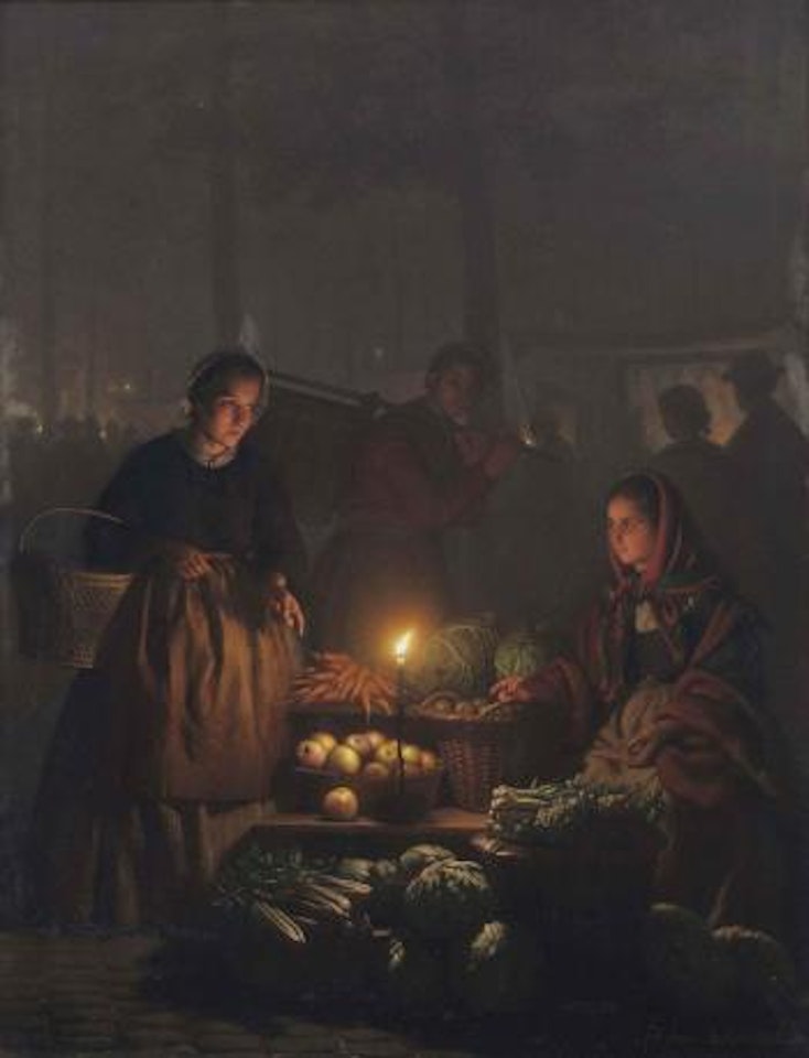 Groentemarkt bij avond: a vegetable seller offering her wares by Petrus van Schendel