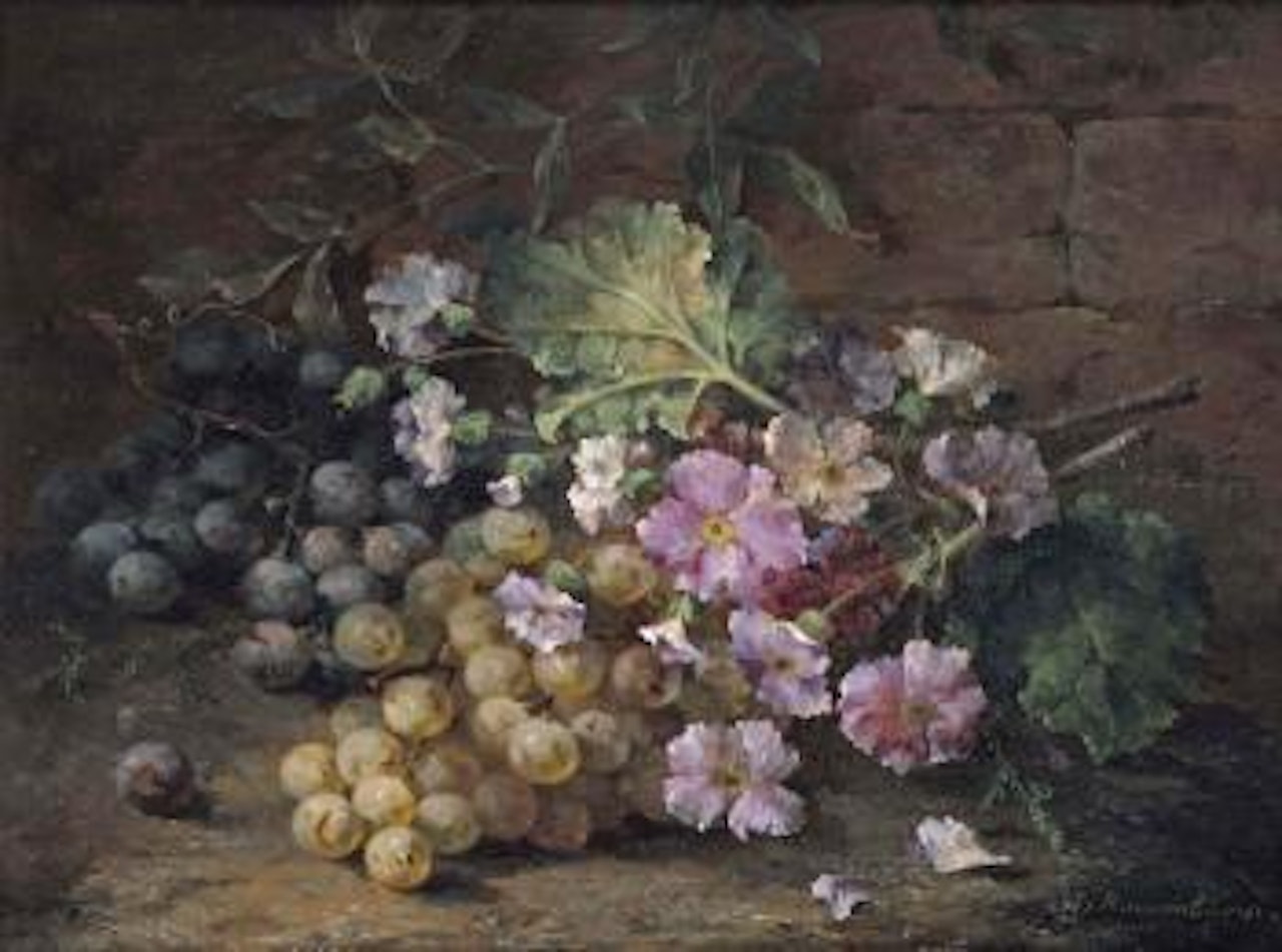 Purple Primulas With Grapes by Margaretha Roosenboom