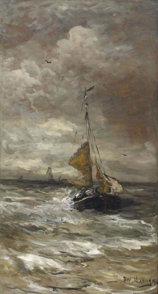 Bomschuit in the breakers by Hendrik-Willem Mesdag