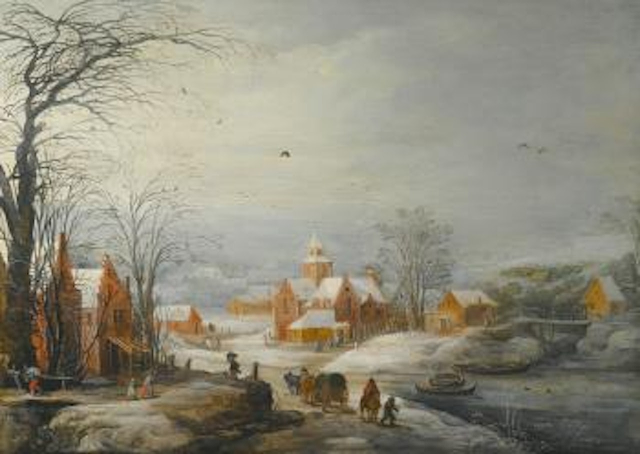 Travellers Passing Through A Village In Winter by Joos de Momper the Younger